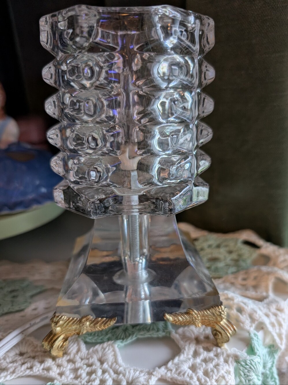 Vintage Hollywood Regency Heavy Ice Glass Accent Table Lamp with Ormolu Feet